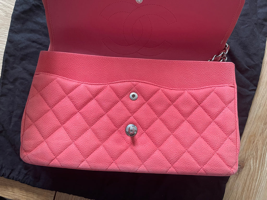 Chanel double flap bag red caviar jumbo silver gold hardware