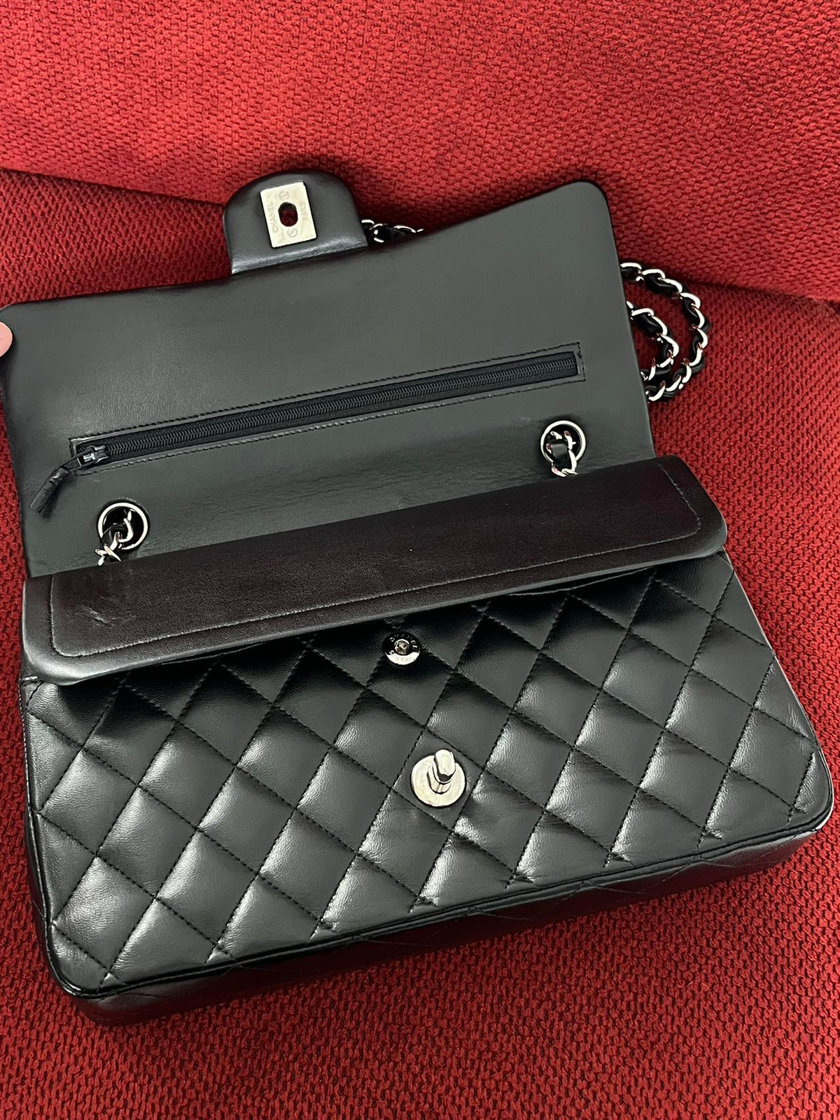 Chanel  Classic double flap bag lambskin black medium silver hardware