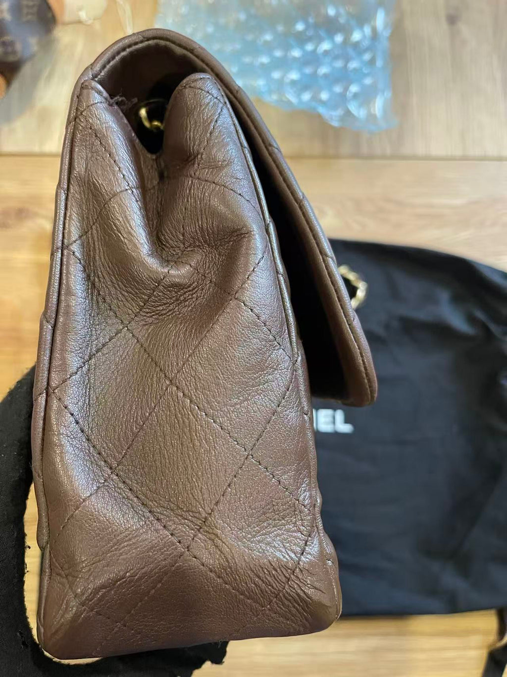 Chanel single flap bag Chocolate jumbo gold hardware lambskin