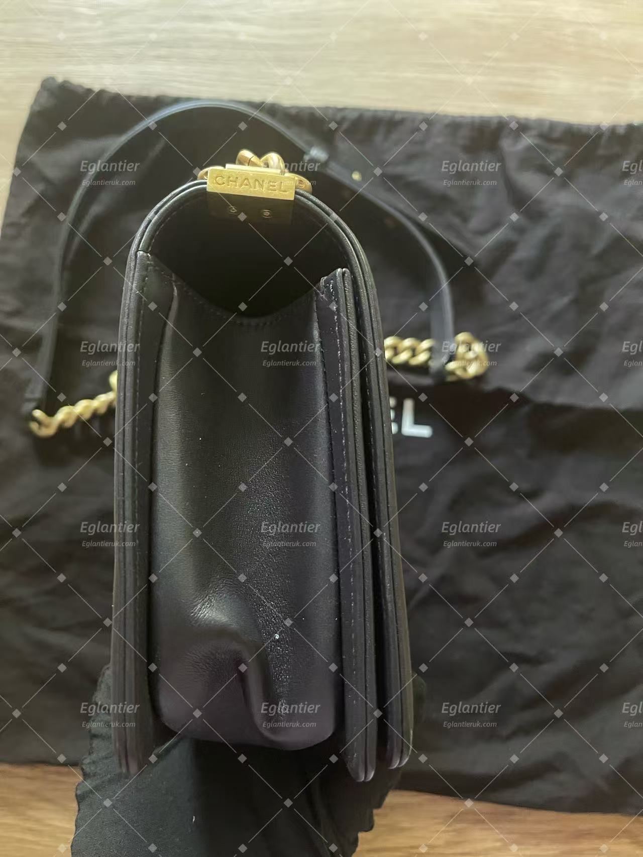chanel leboy medium black flap bag lambskin gold hardware ID card