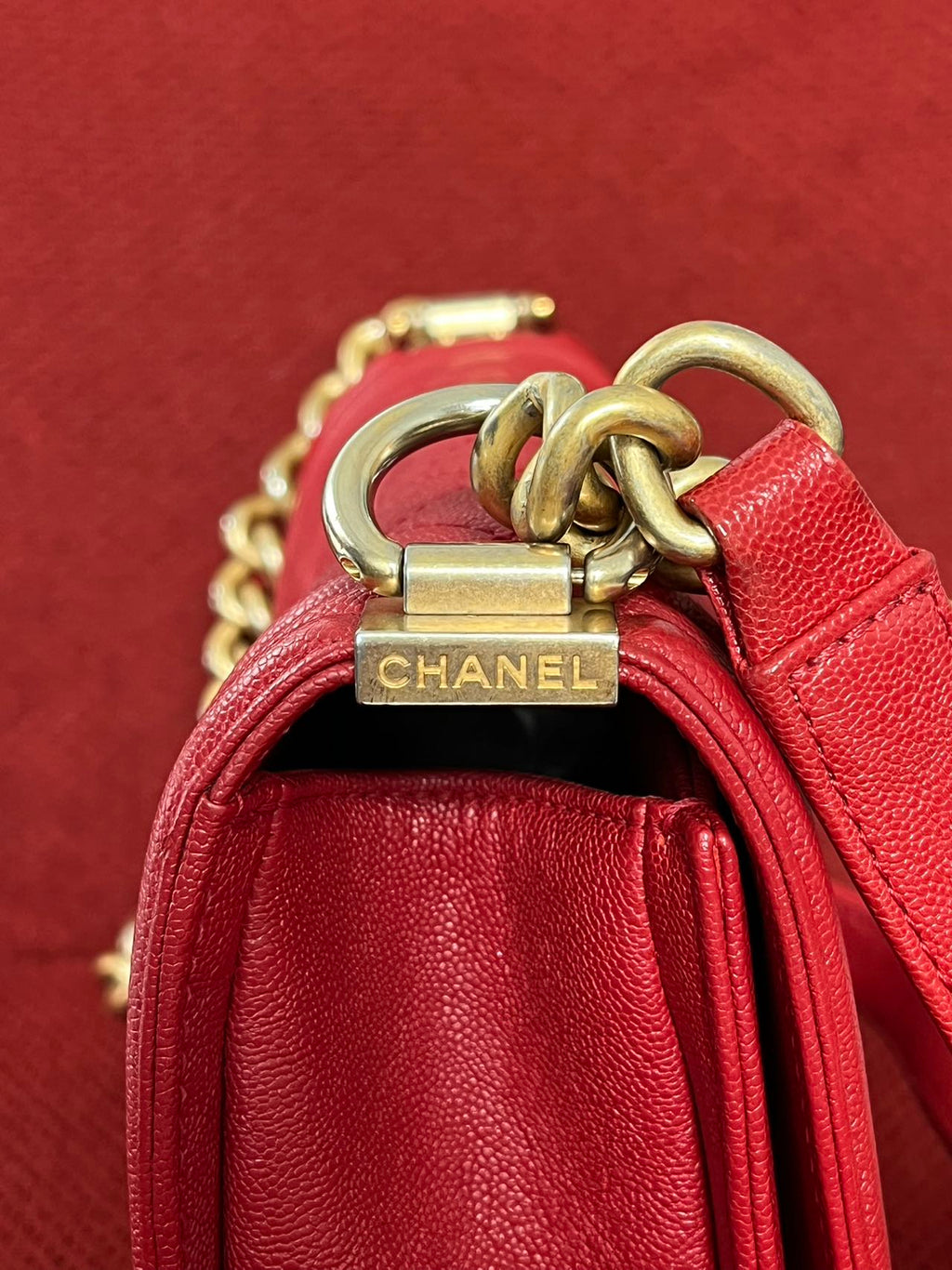 Chanel leboy small red caviar leather gold hardware