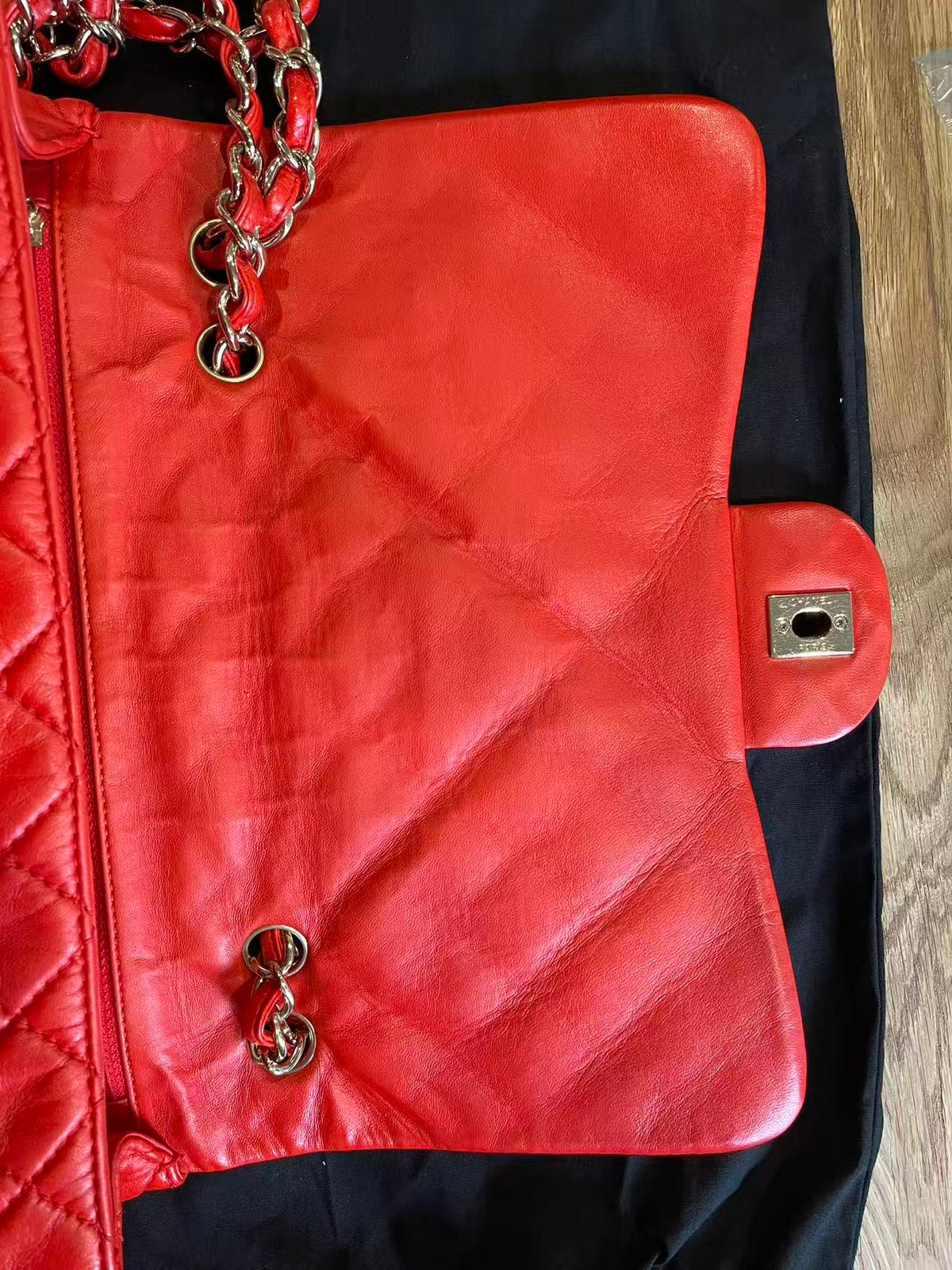 Chanel single flap bag red jumbo gold hardware lambskin