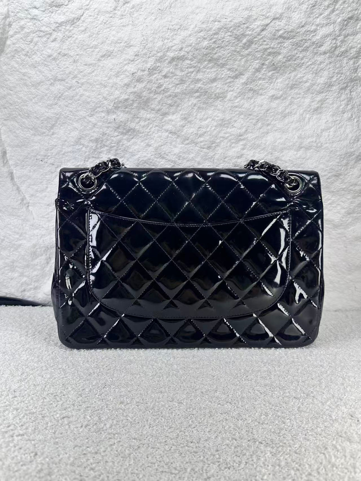 Chanel double flap bag black patent jumbo