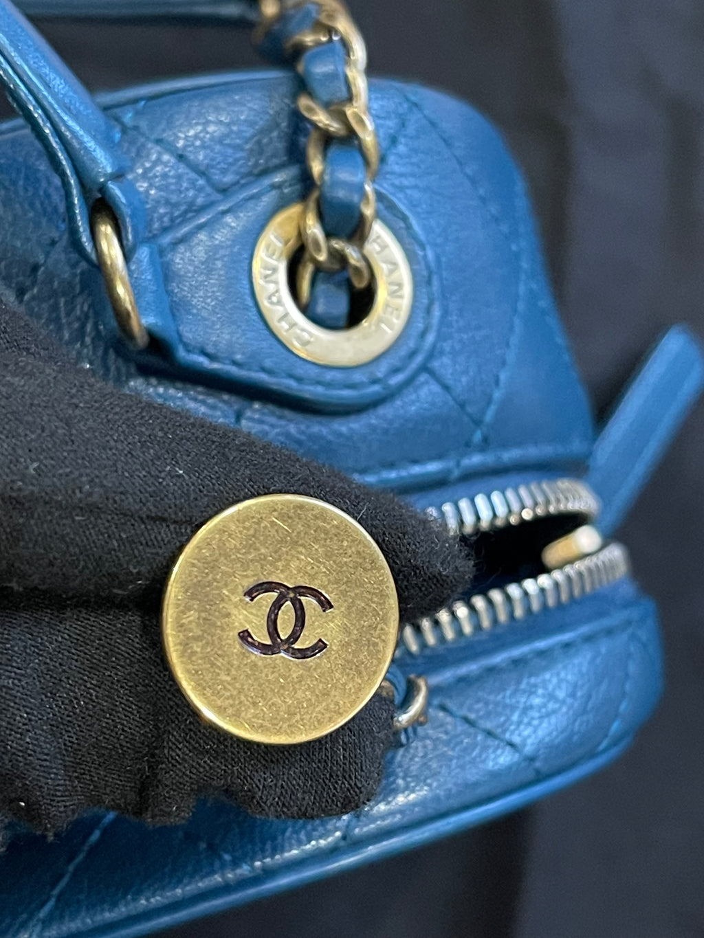 chanel small blue bag gold hardware