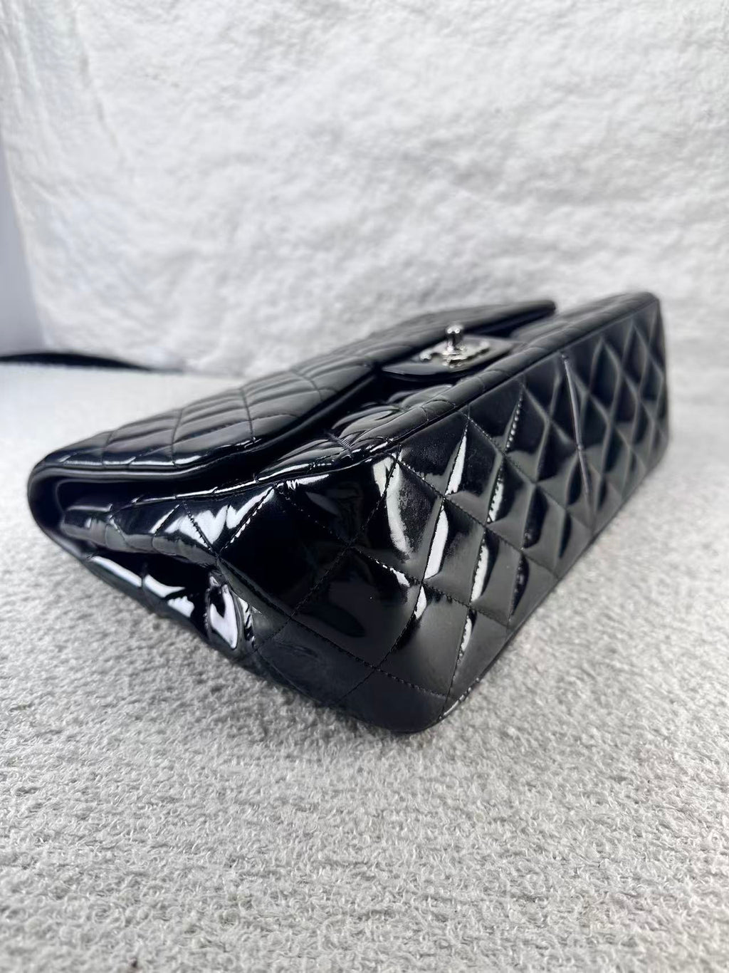 Chanel double flap bag black patent jumbo