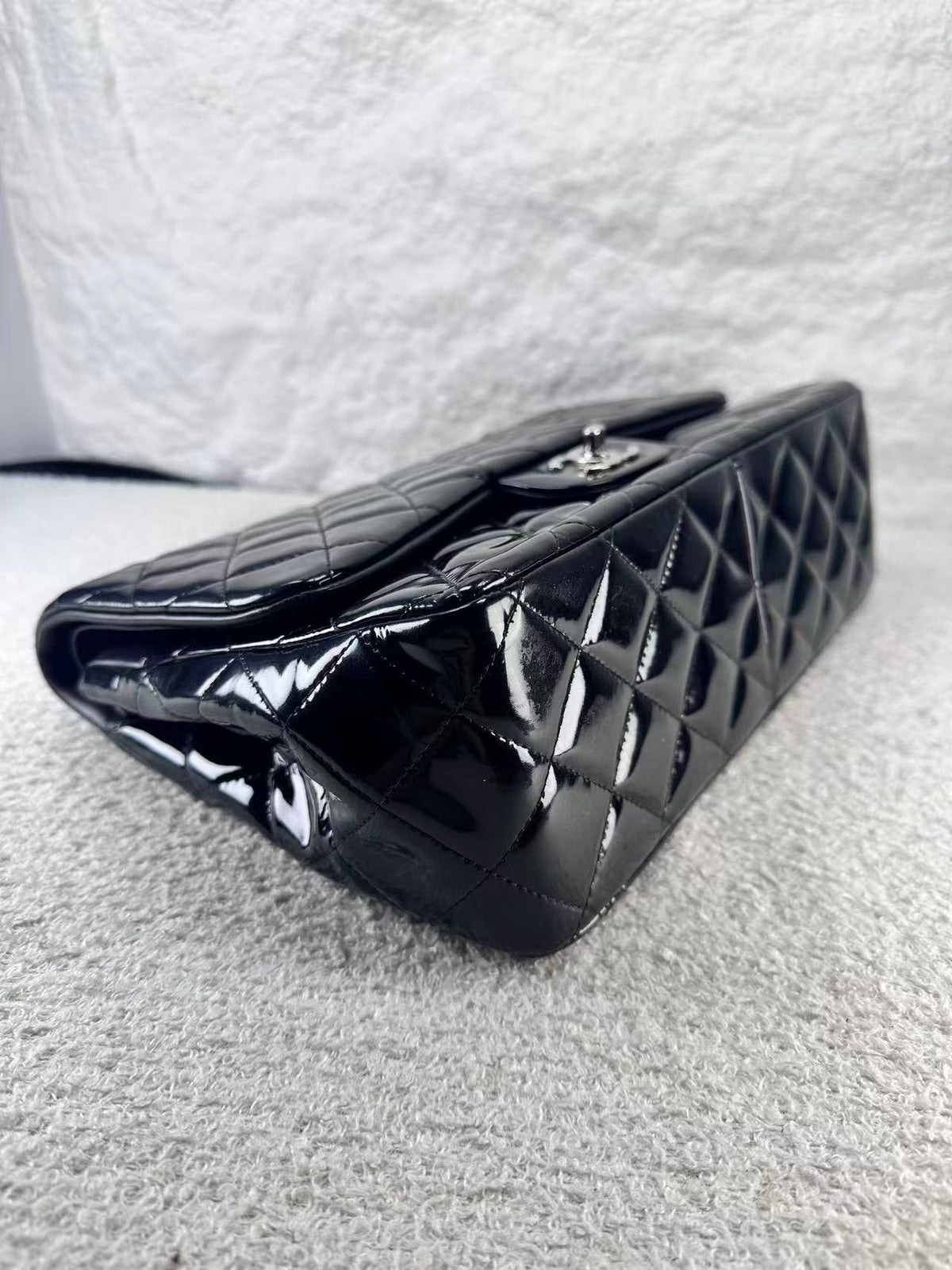 Chanel double flap bag black patent jumbo