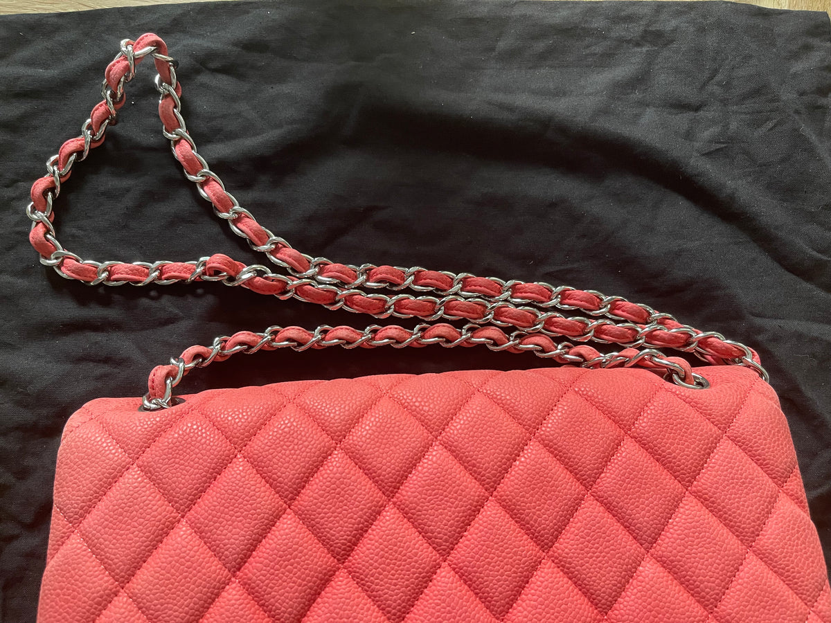 Chanel double flap bag red caviar jumbo silver gold hardware