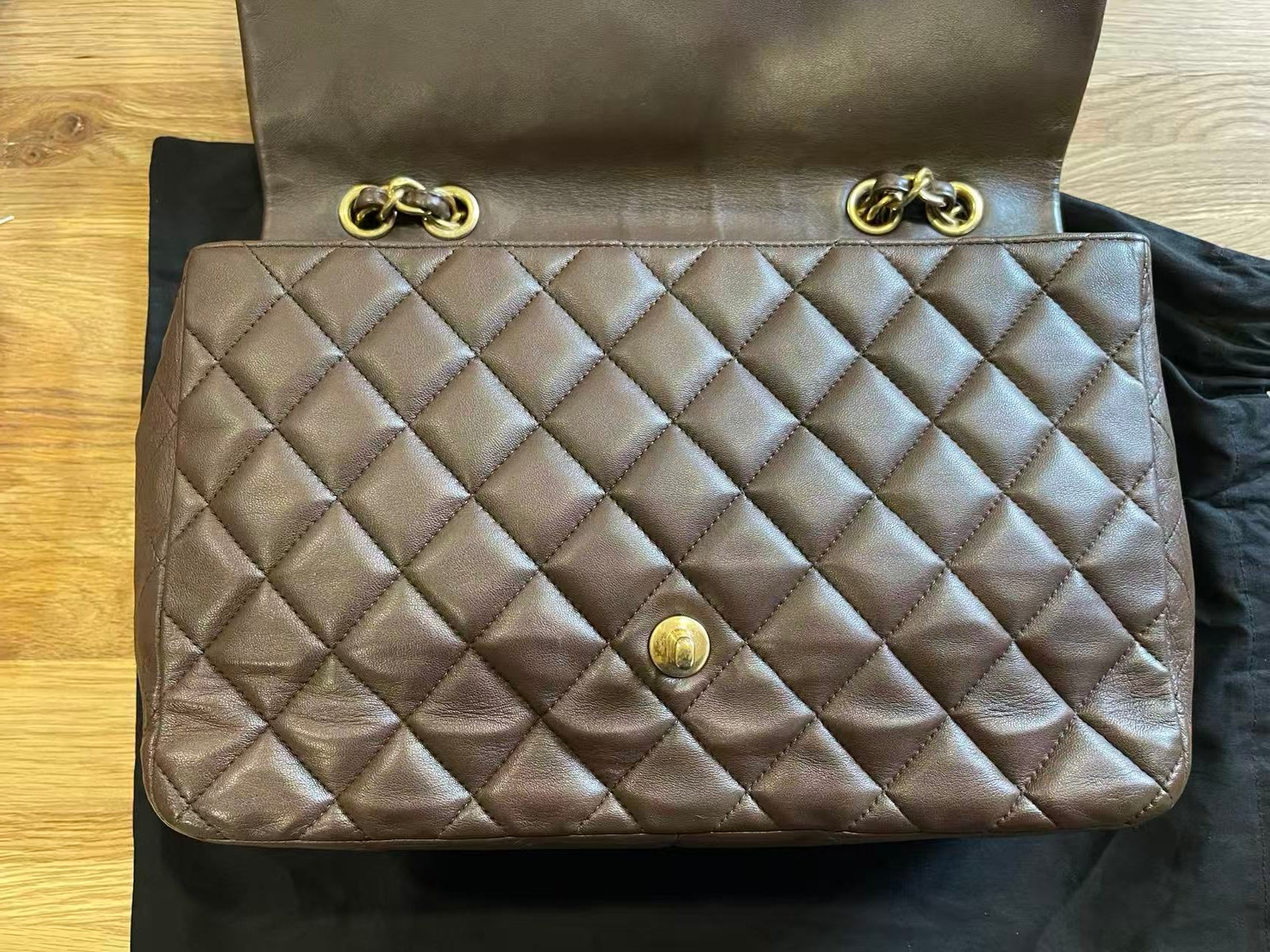 Chanel single flap bag Chocolate jumbo gold hardware lambskin
