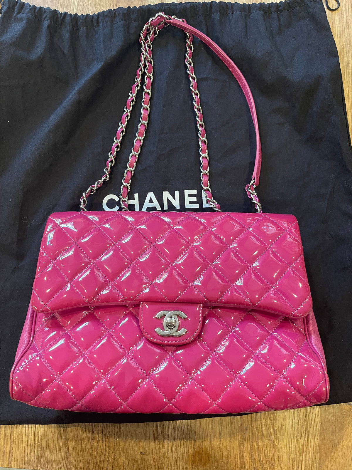 Chanel flap bag pink silver hardware patent leather
