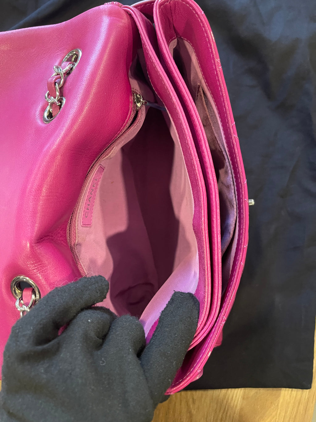 Chanel flap bag pink silver hardware patent leather