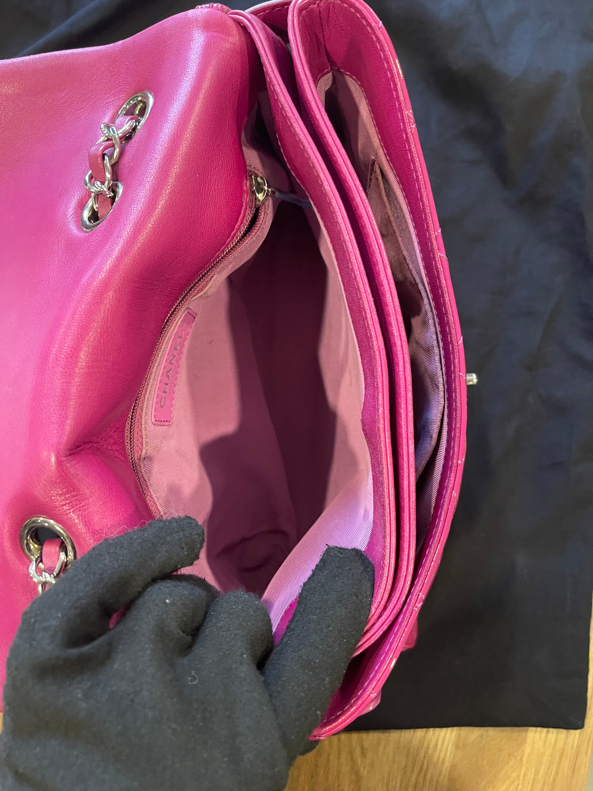 Chanel flap bag pink silver hardware patent leather