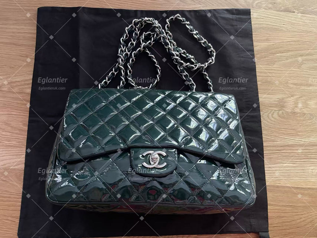 Chanel double flap bag patent leather dark green jumbo