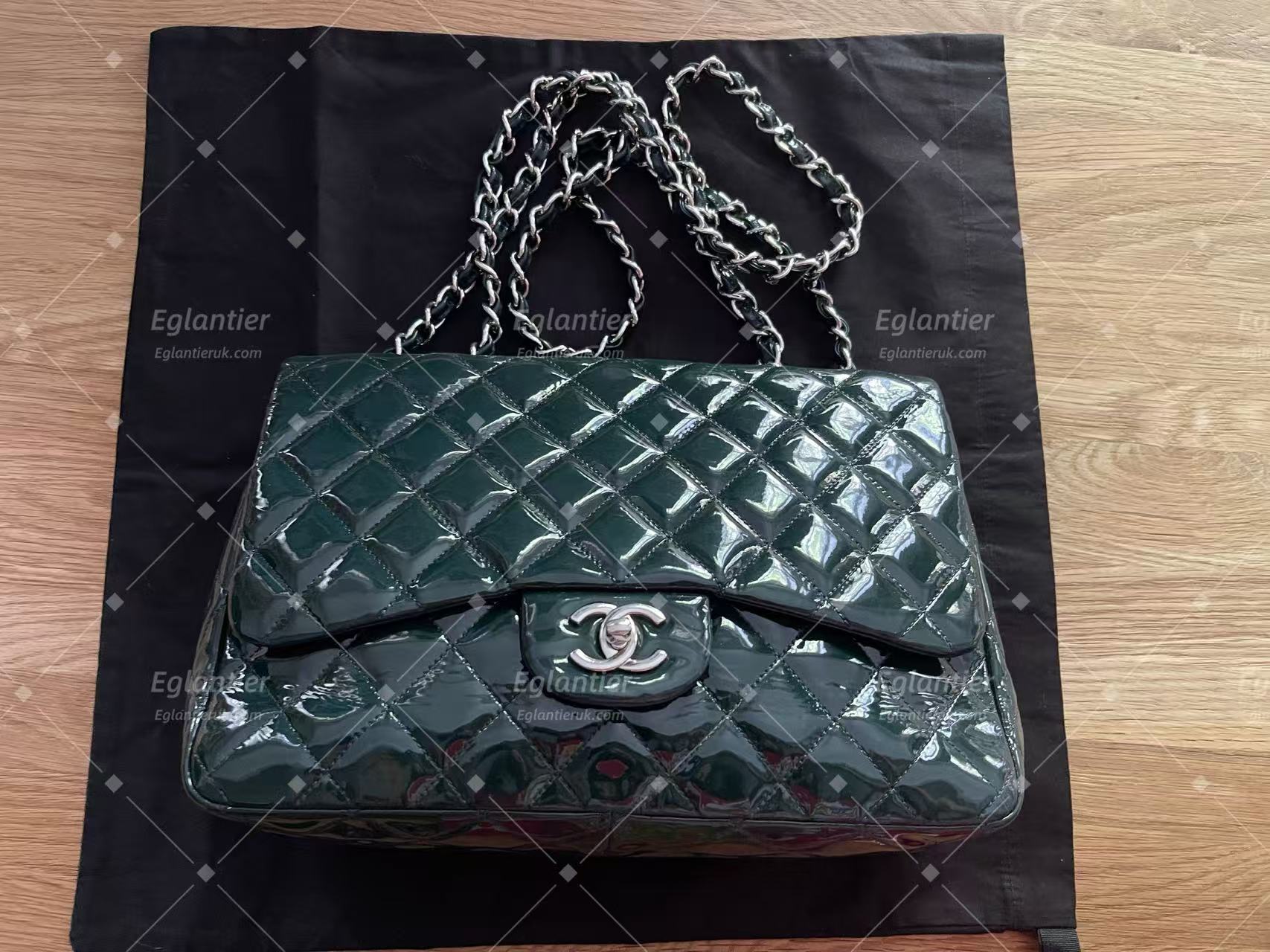 Chanel double flap bag patent leather dark green jumbo