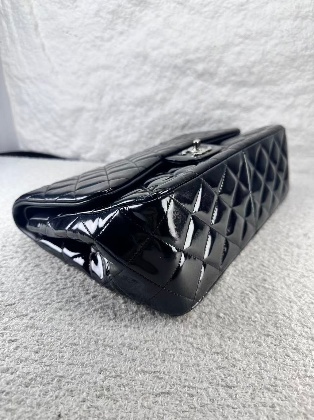 Chanel double flap bag black patent jumbo