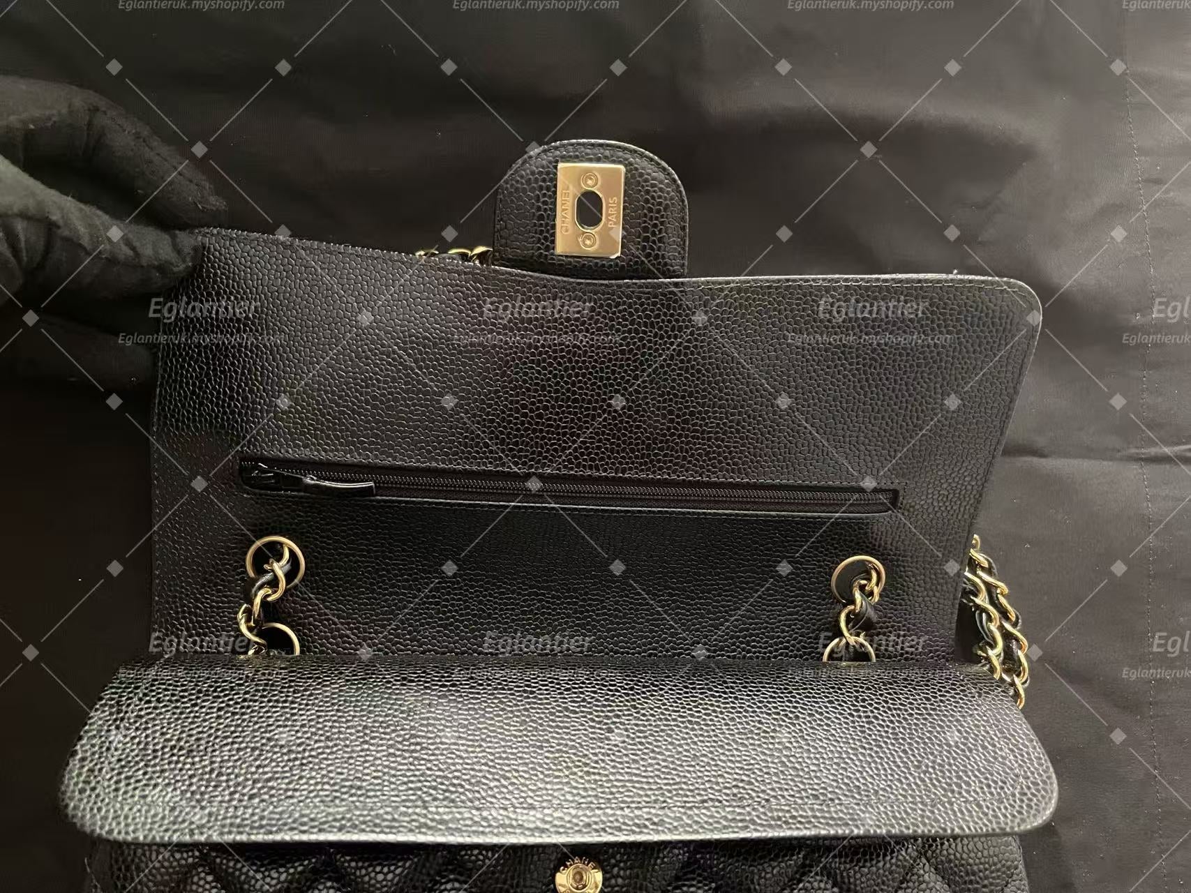 Chanel Timeless Classic double flap black medium caviar gold hardware microchip