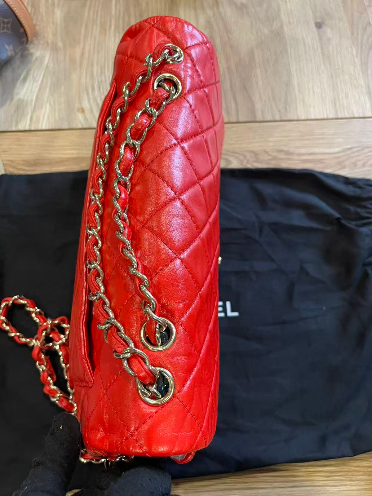 Chanel single flap bag red jumbo gold hardware lambskin