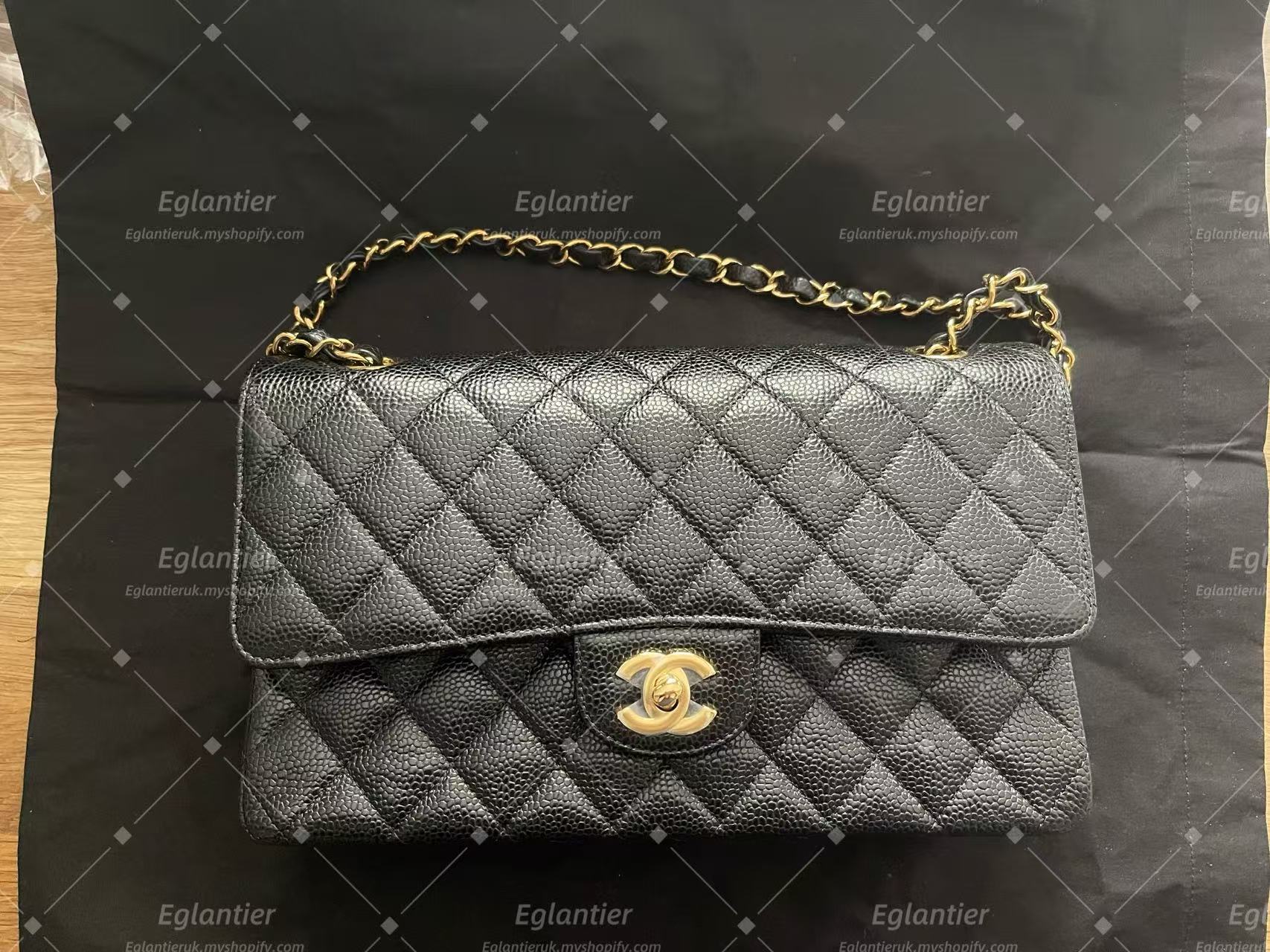 Chanel Timeless Classic double flap black medium caviar gold hardware microchip