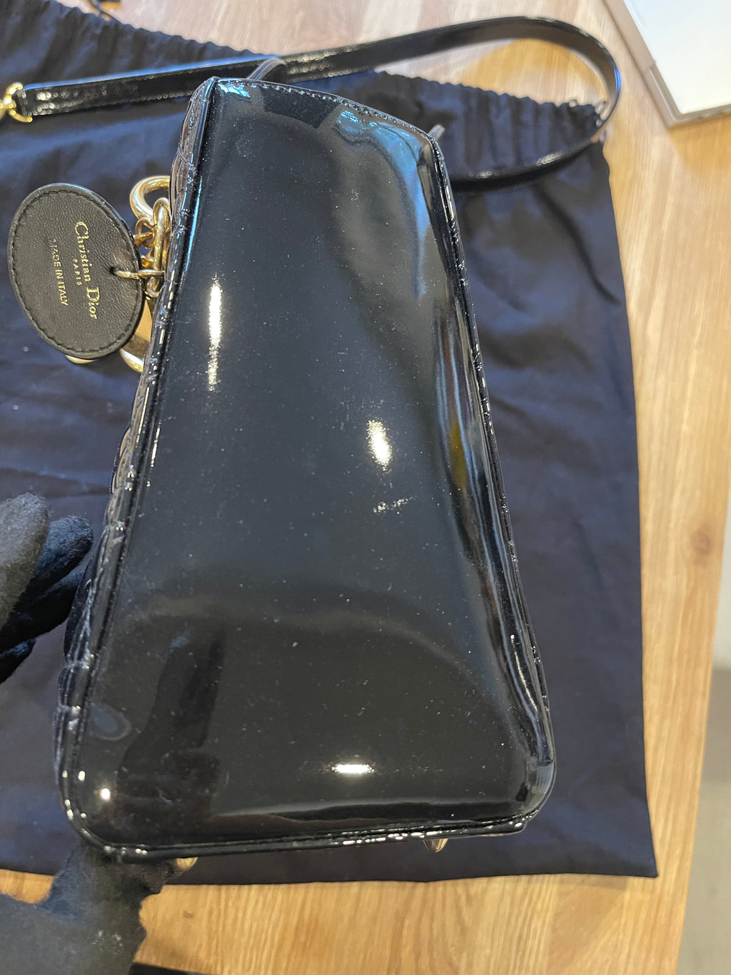 lady dior medium black gold hardware patent leather