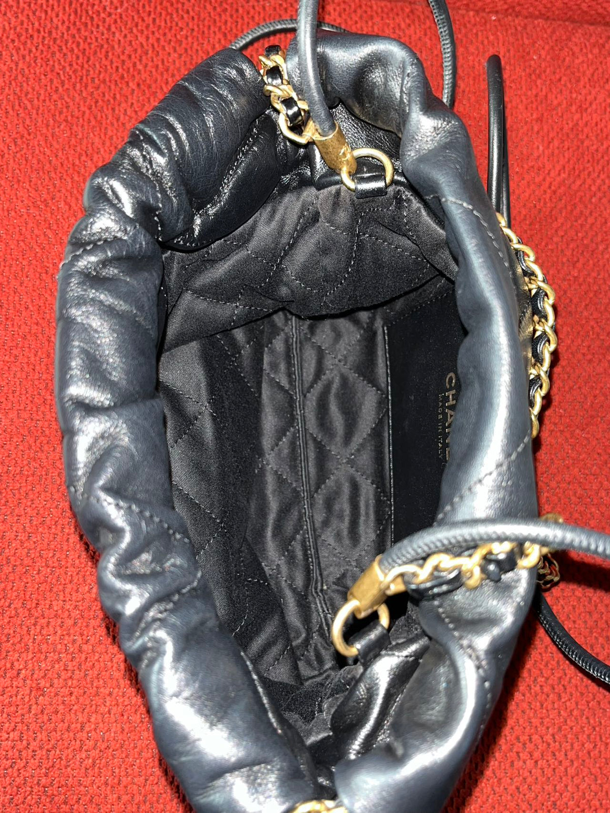 Chanel 22 bucket bag mini black shiny calfskin gold hardware