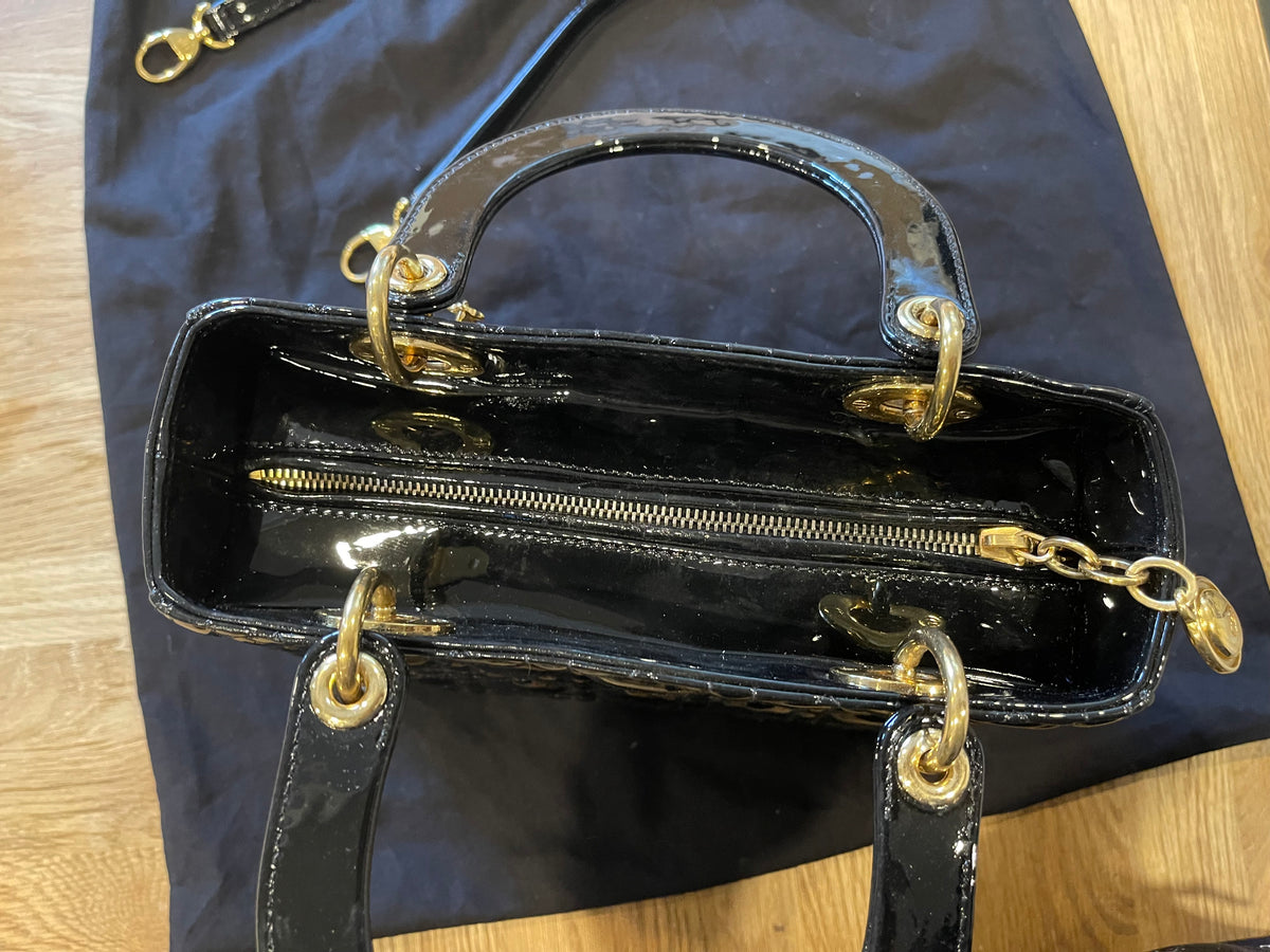 lady dior medium black gold hardware patent leather
