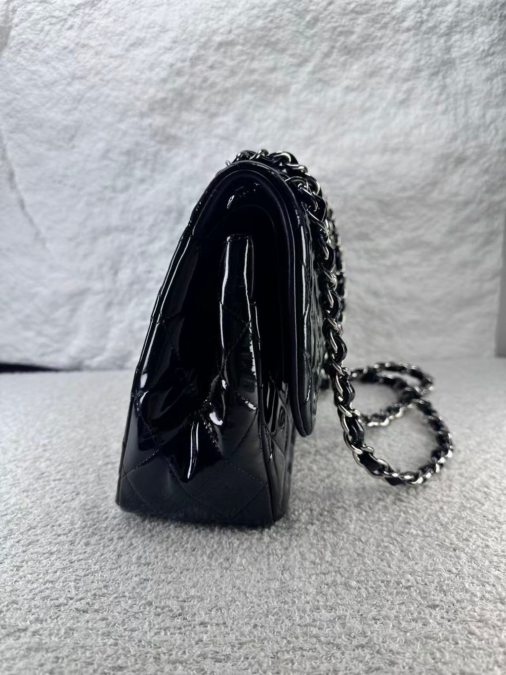 Chanel double flap bag black patent jumbo