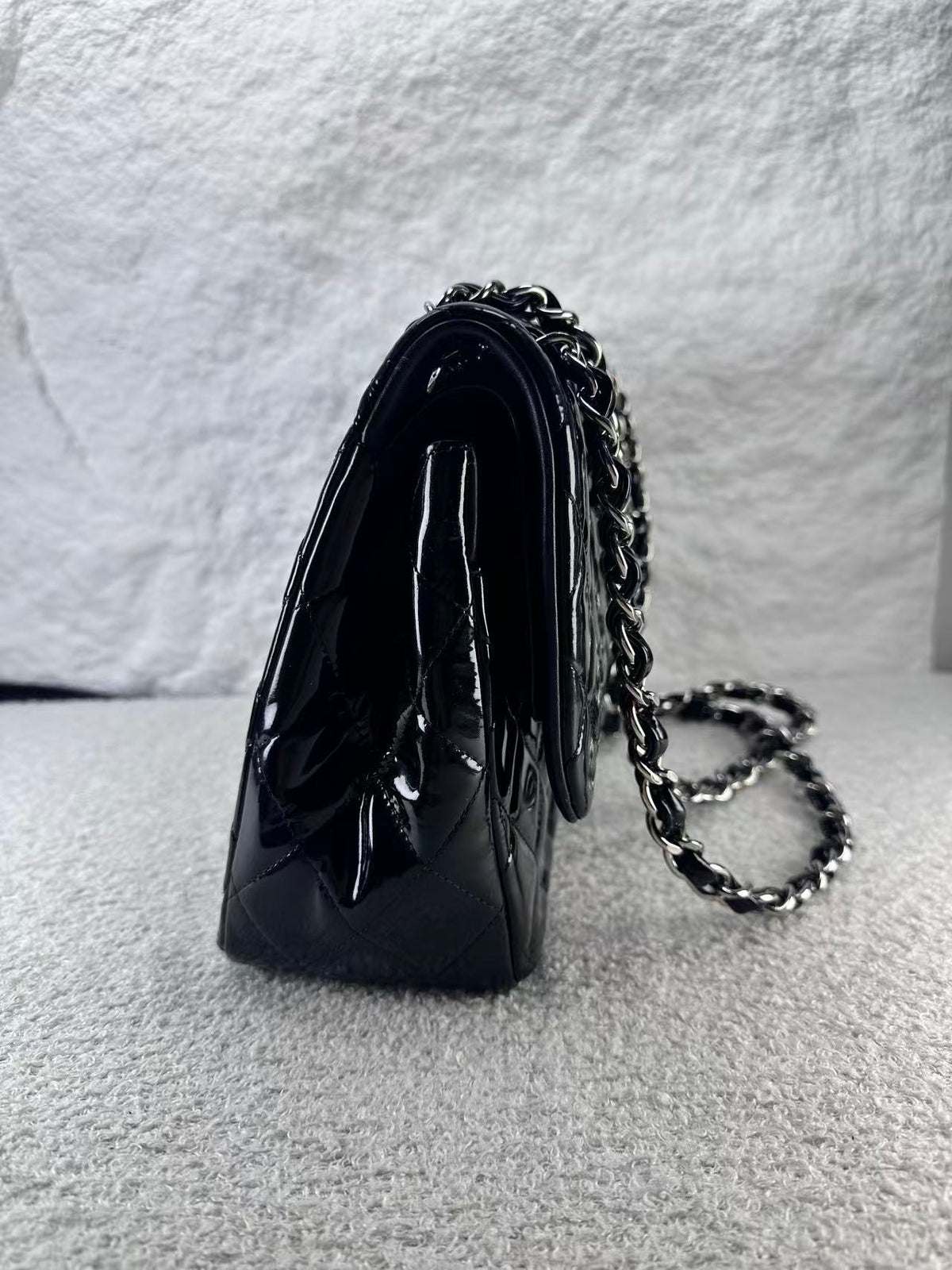 Chanel double flap bag black patent jumbo