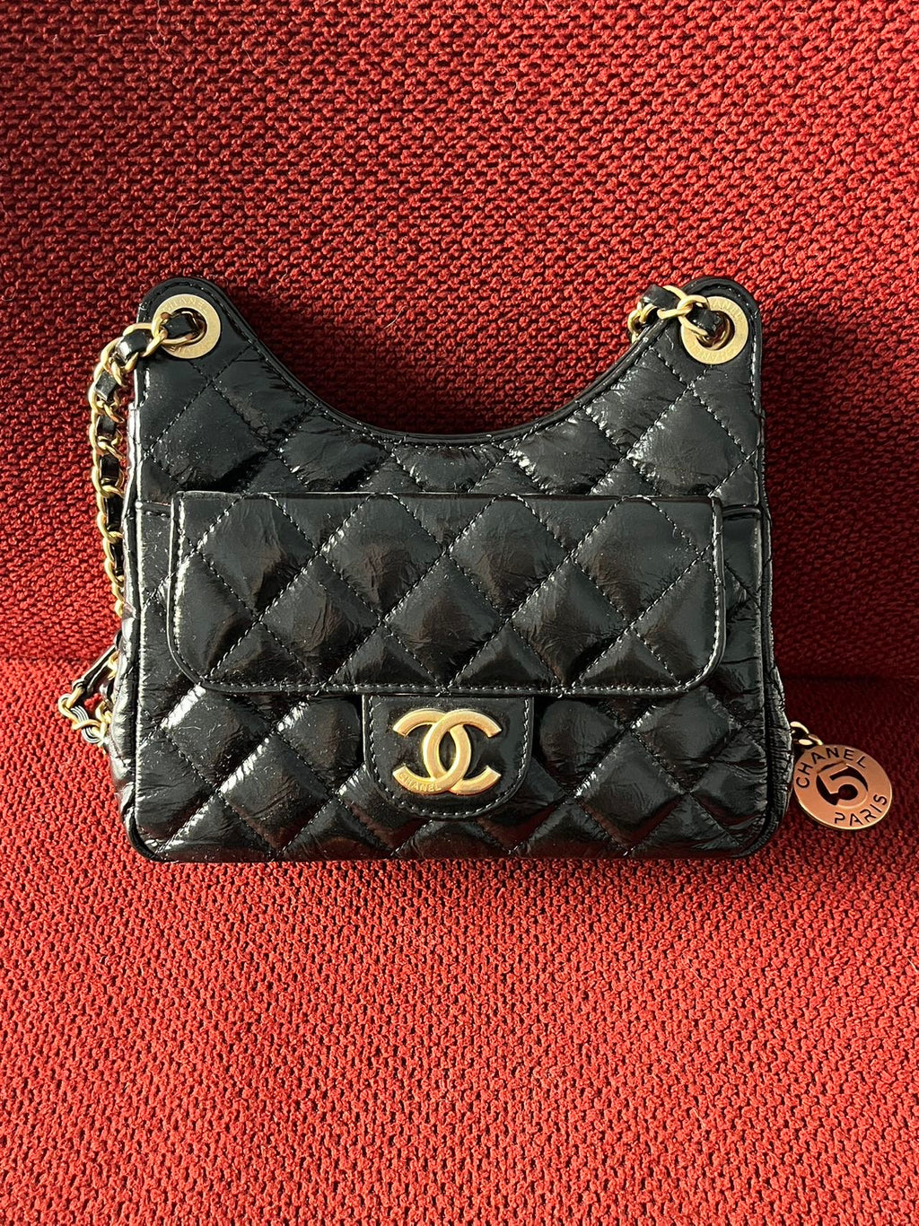 Chanel small hobo bag black crinkled calfskin gold hardware