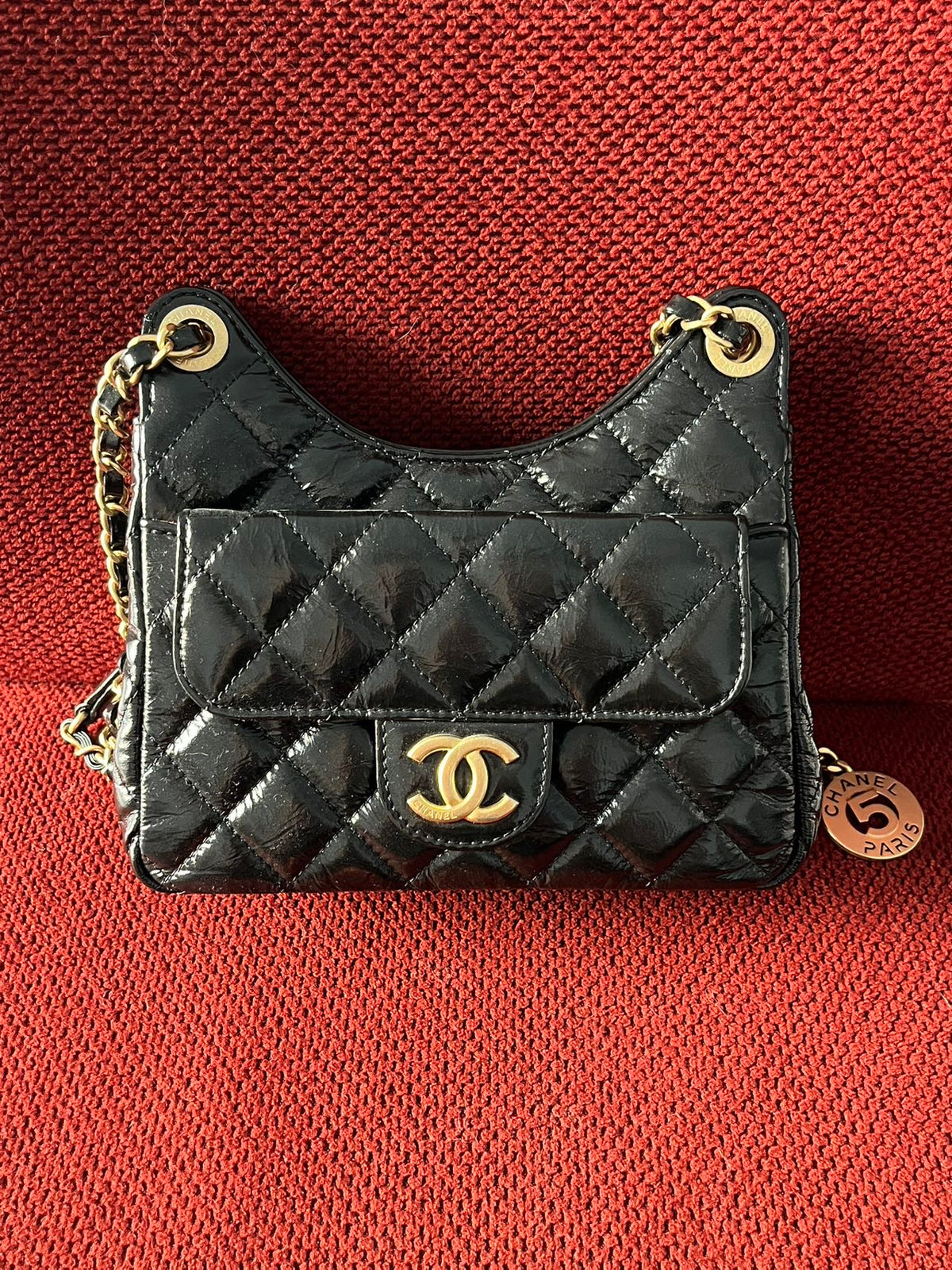 Chanel small hobo bag black crinkled calfskin gold hardware