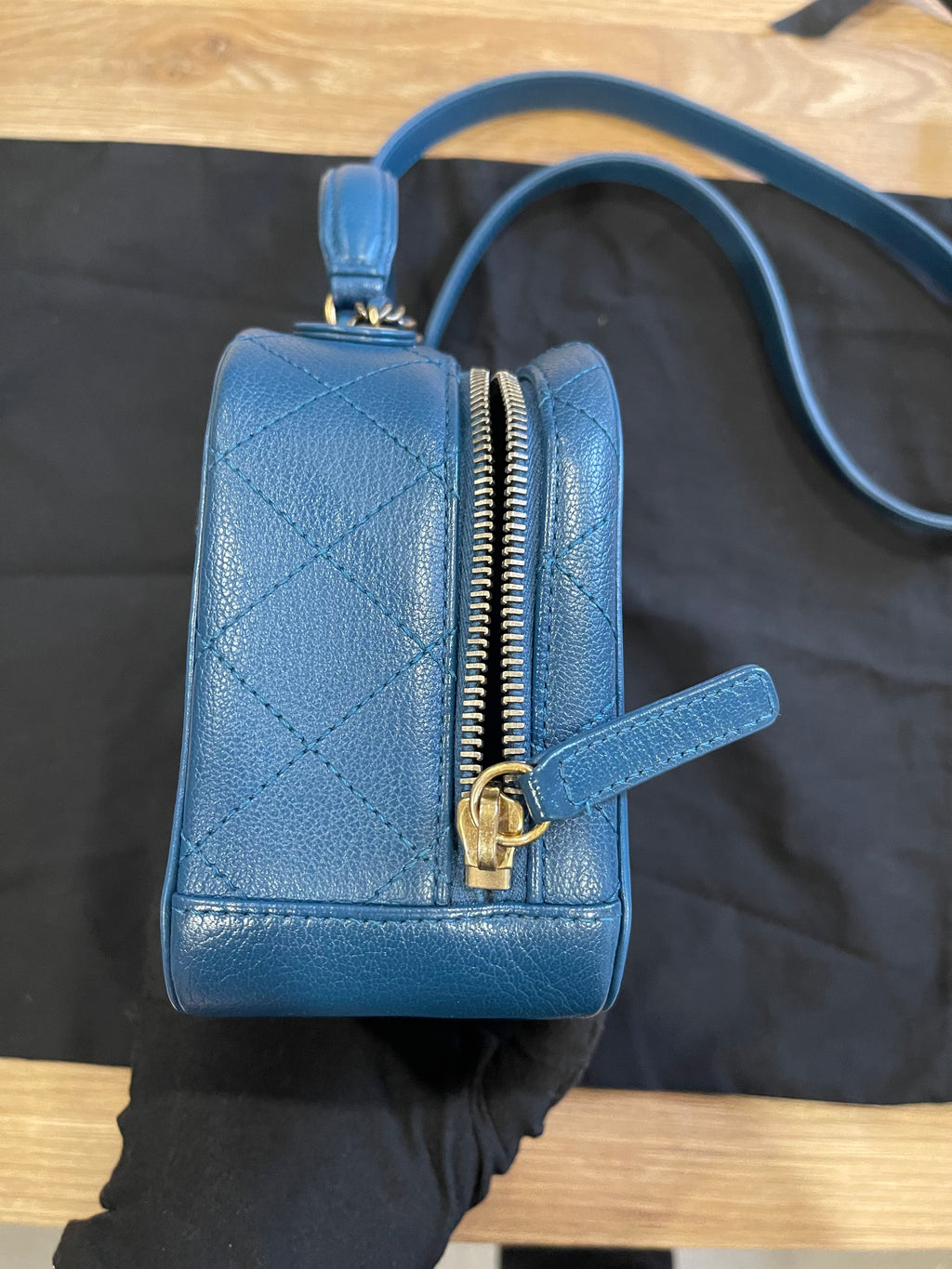 chanel small blue bag gold hardware