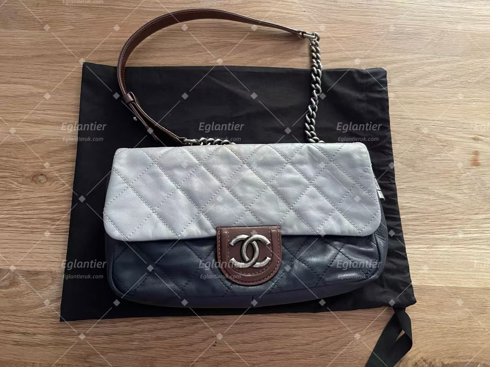 chanel navy/grey single flap bag calfskin silver hardware