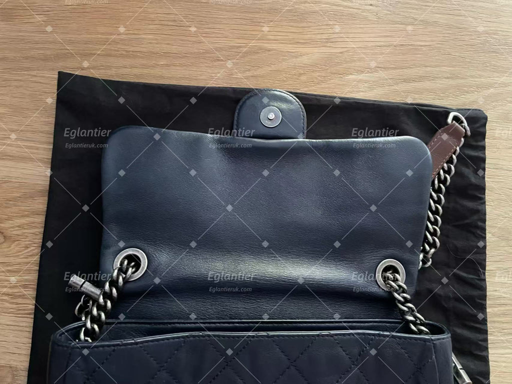 chanel navy/grey single flap bag calfskin silver hardware