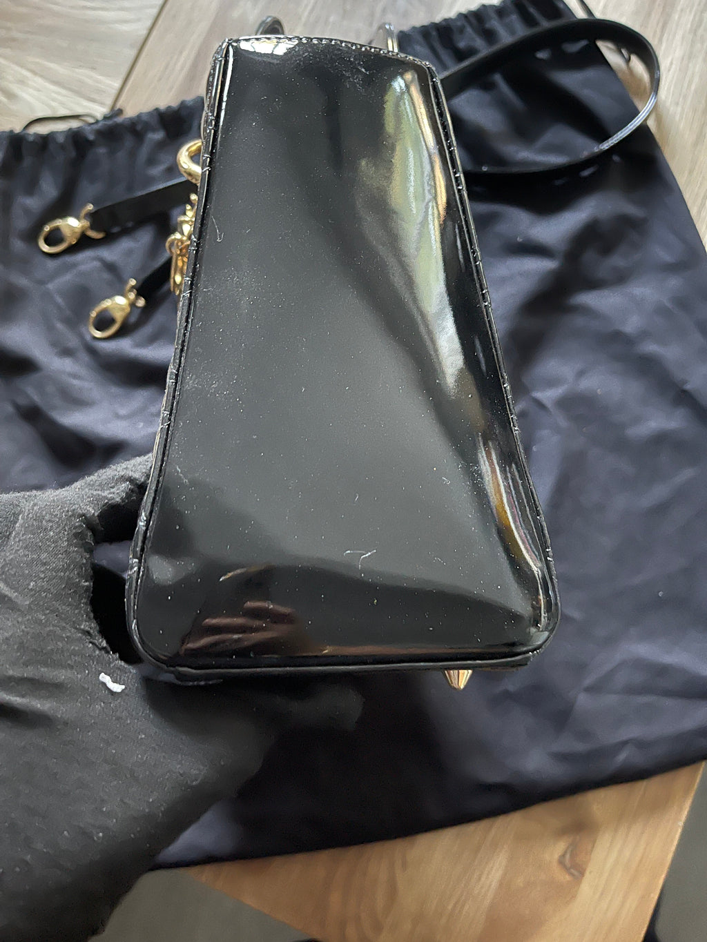 lady dior medium black gold hardware patent leather