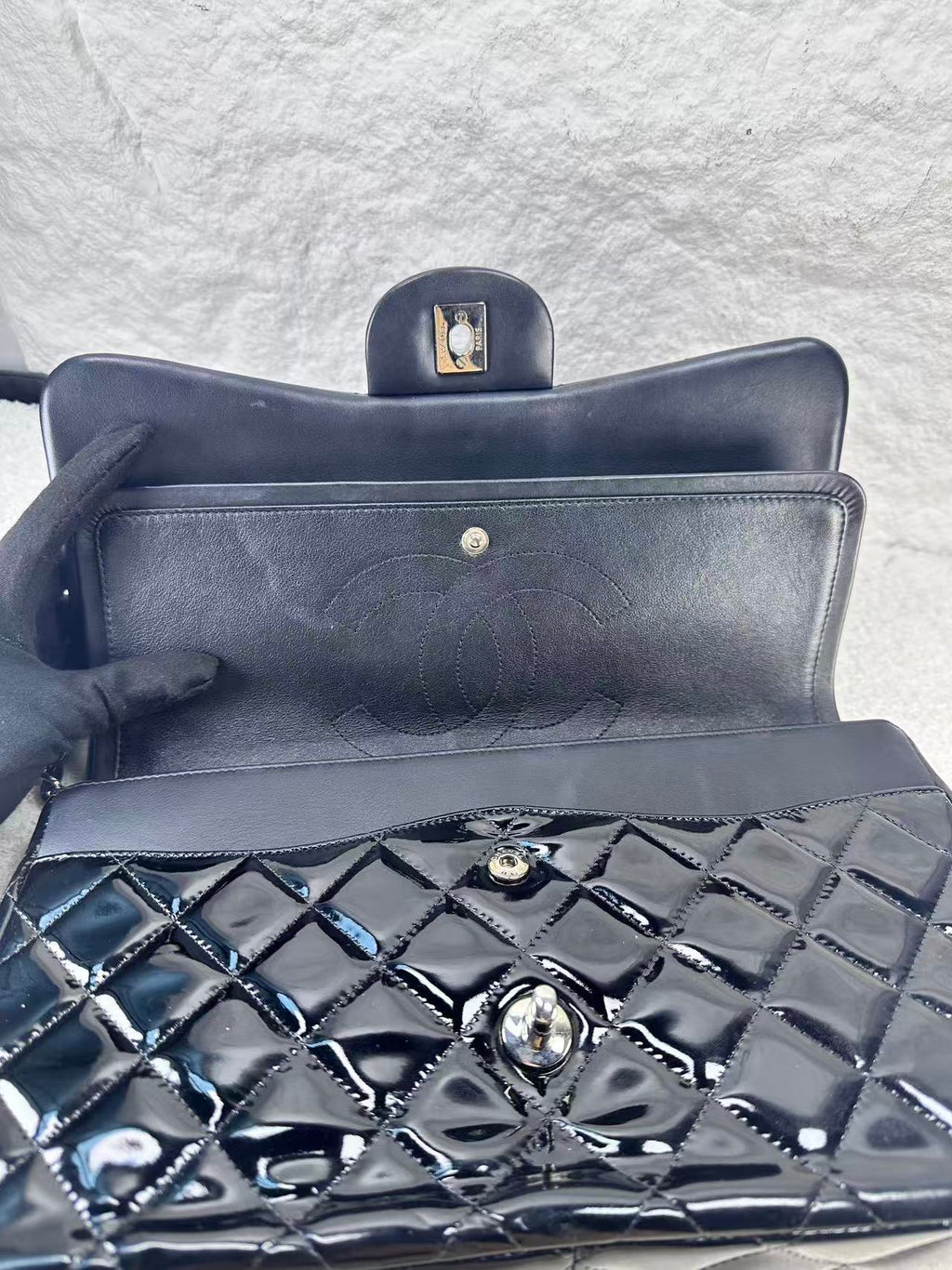 Chanel double flap bag black patent jumbo