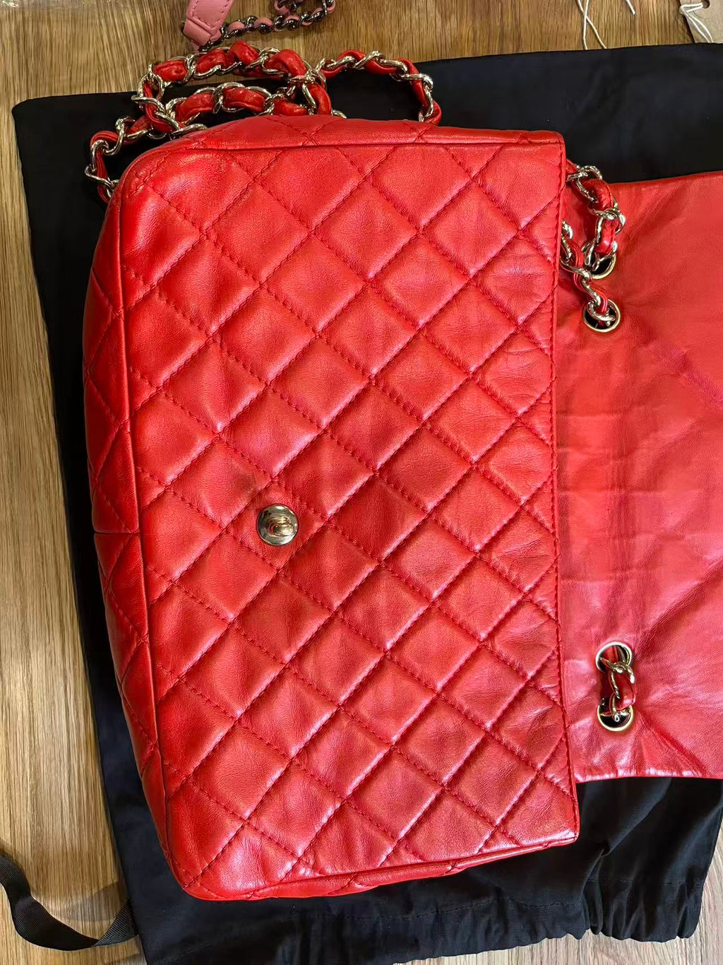 Chanel single flap bag red jumbo gold hardware lambskin