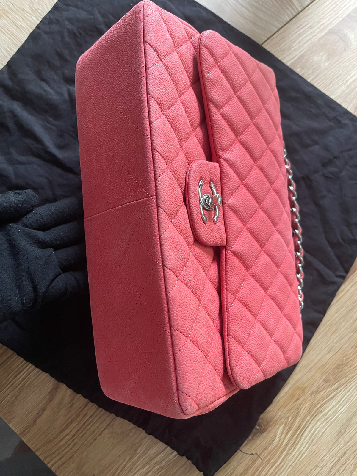 Chanel double flap bag red caviar jumbo silver gold hardware