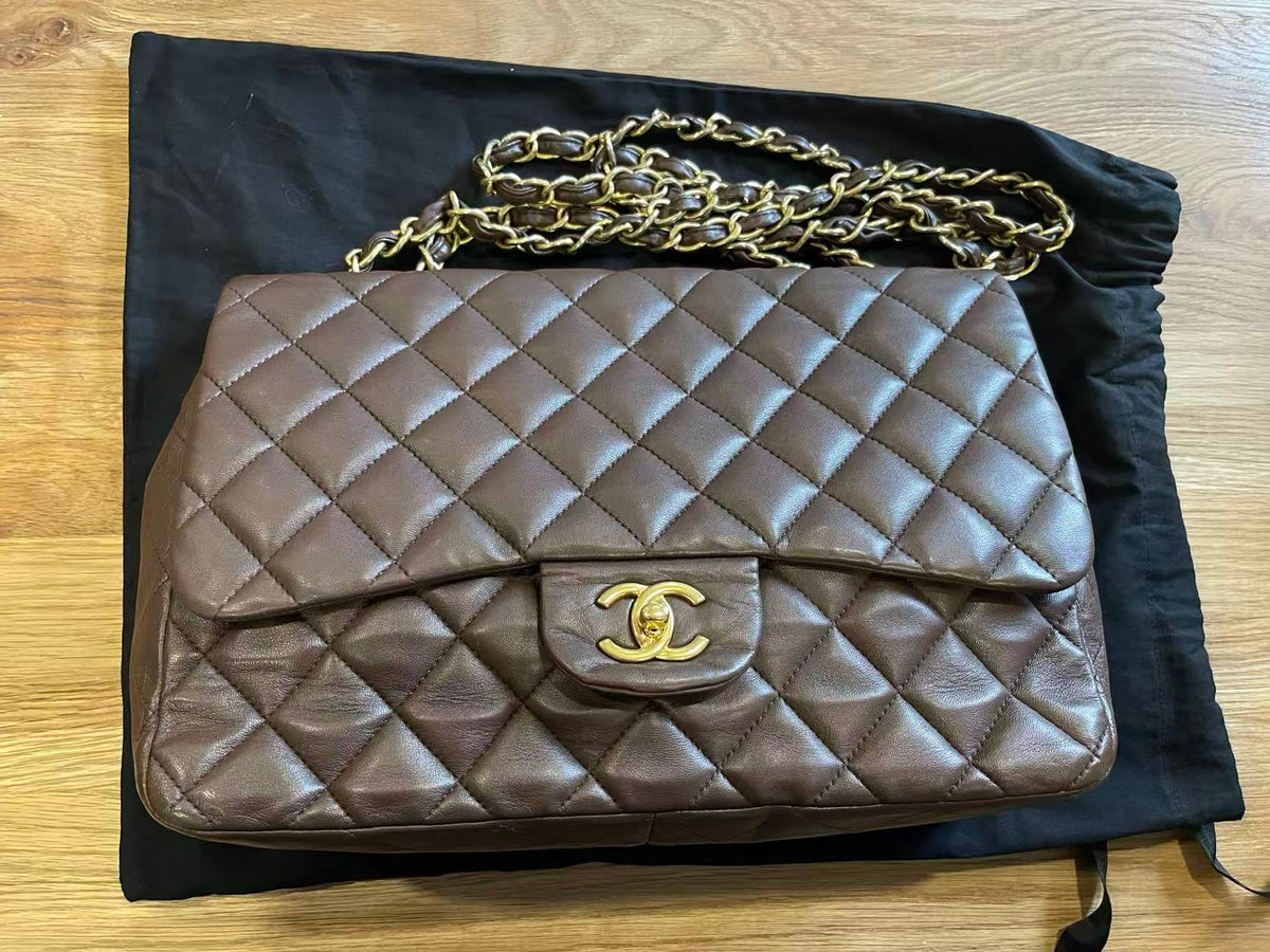 Chanel single flap bag Chocolate jumbo gold hardware lambskin