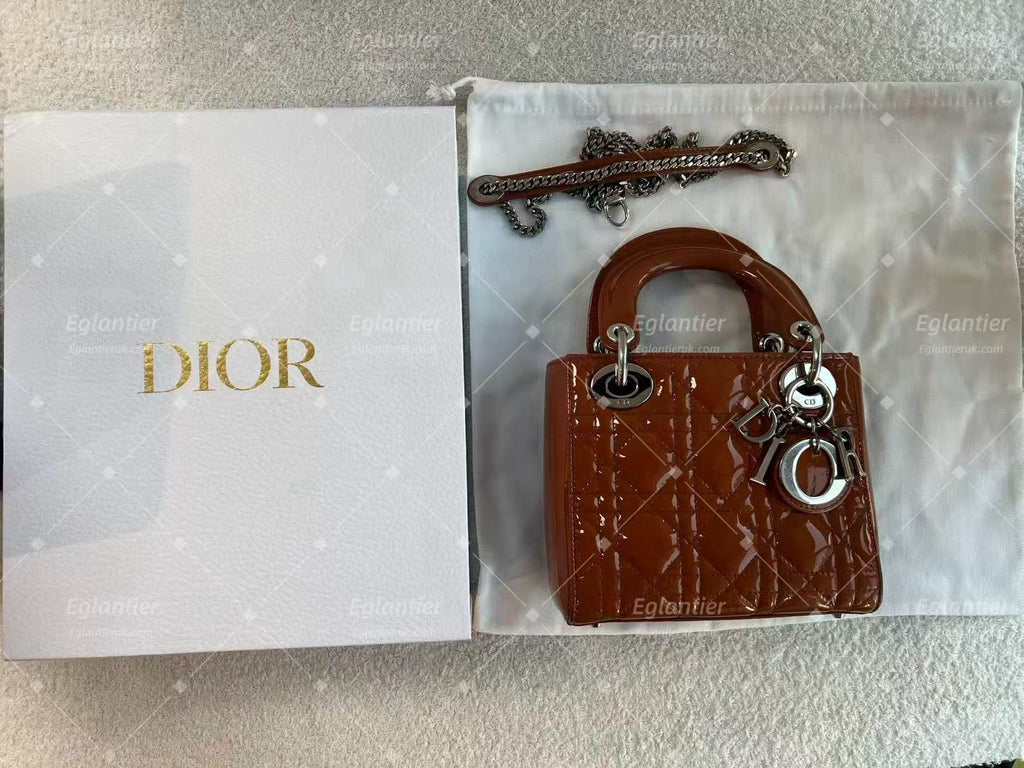 Lady Dior Mini Tan Patent leather silver hardware