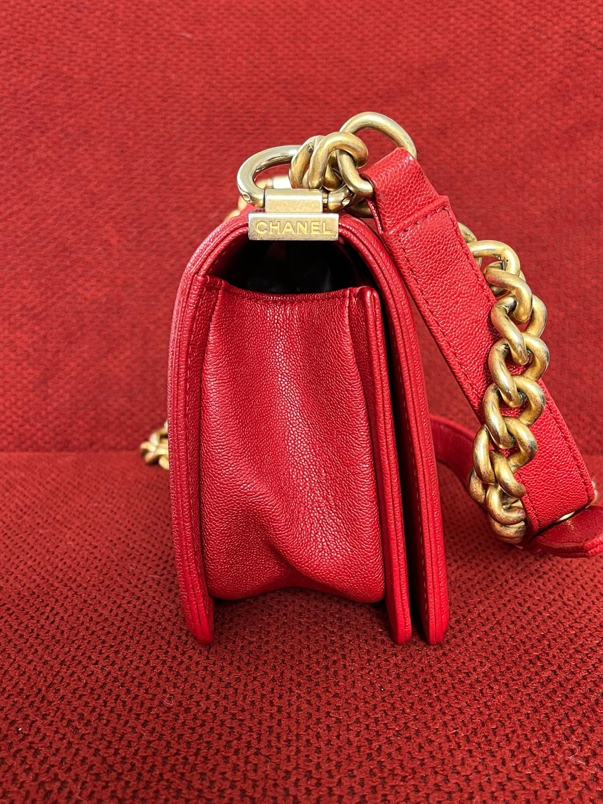 Chanel leboy small red caviar leather gold hardware