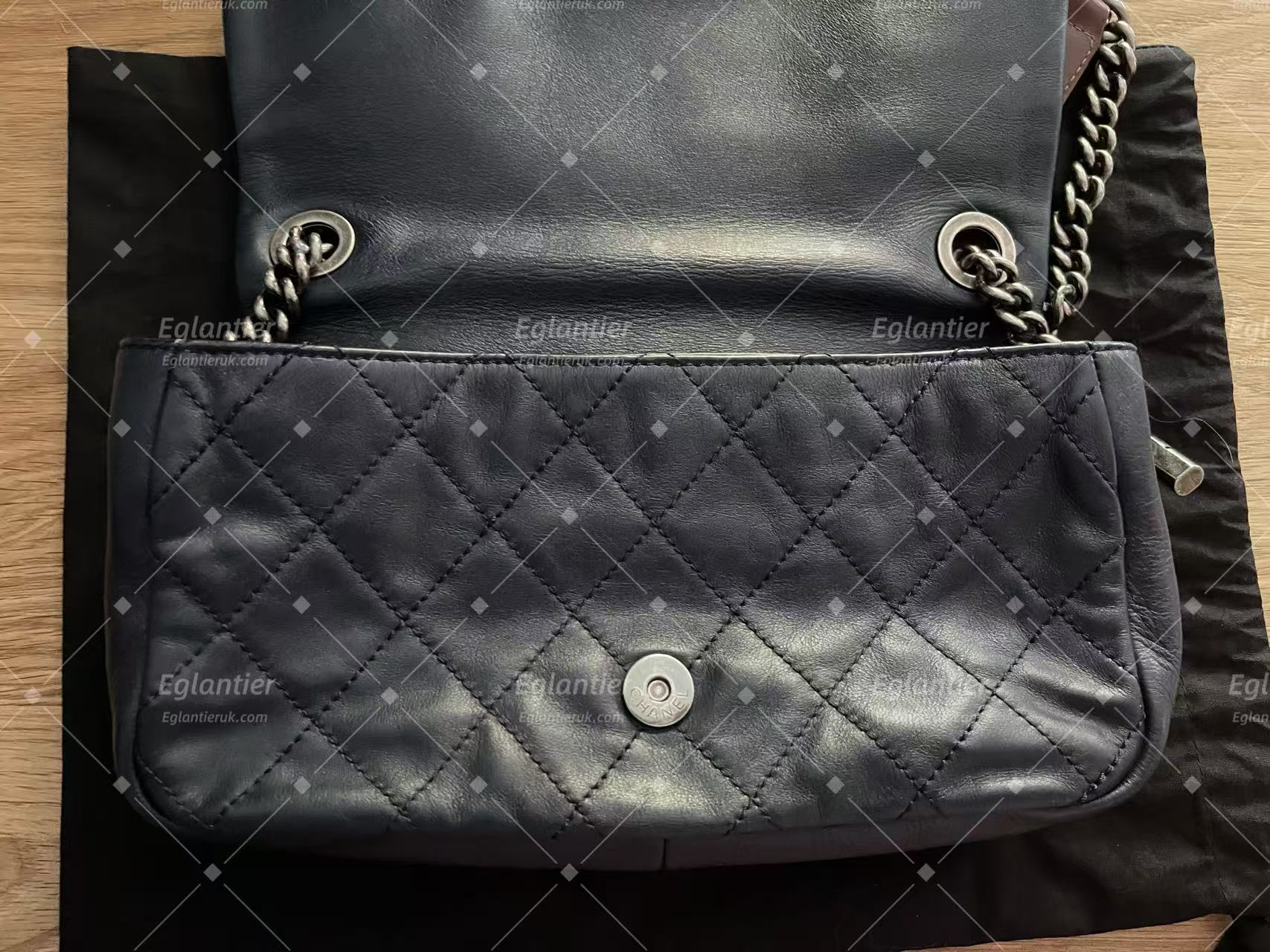 chanel navy/grey single flap bag calfskin silver hardware