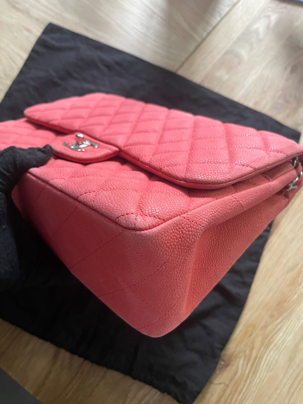 Chanel double flap bag red caviar jumbo silver gold hardware