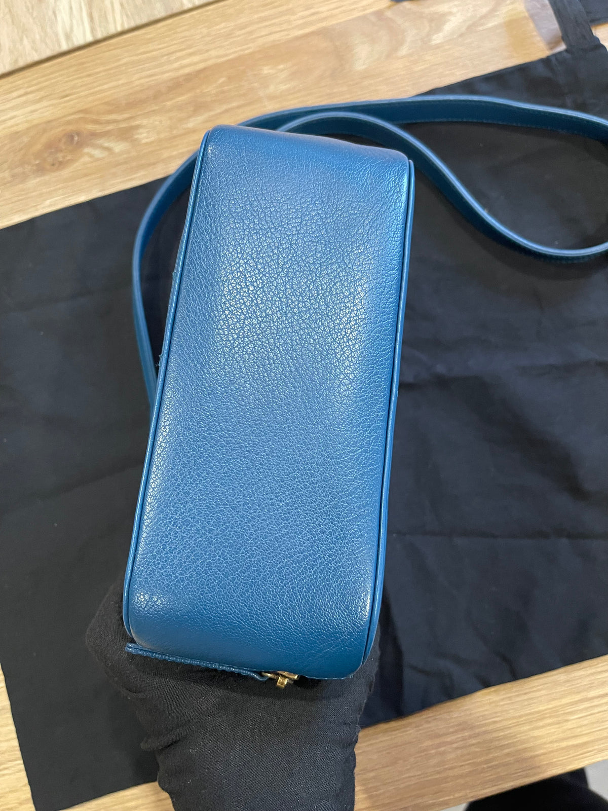chanel small blue bag gold hardware