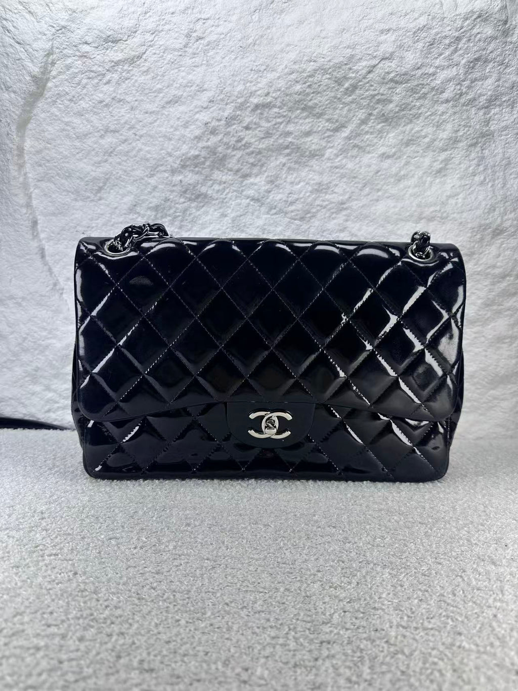 Chanel double flap bag black patent jumbo