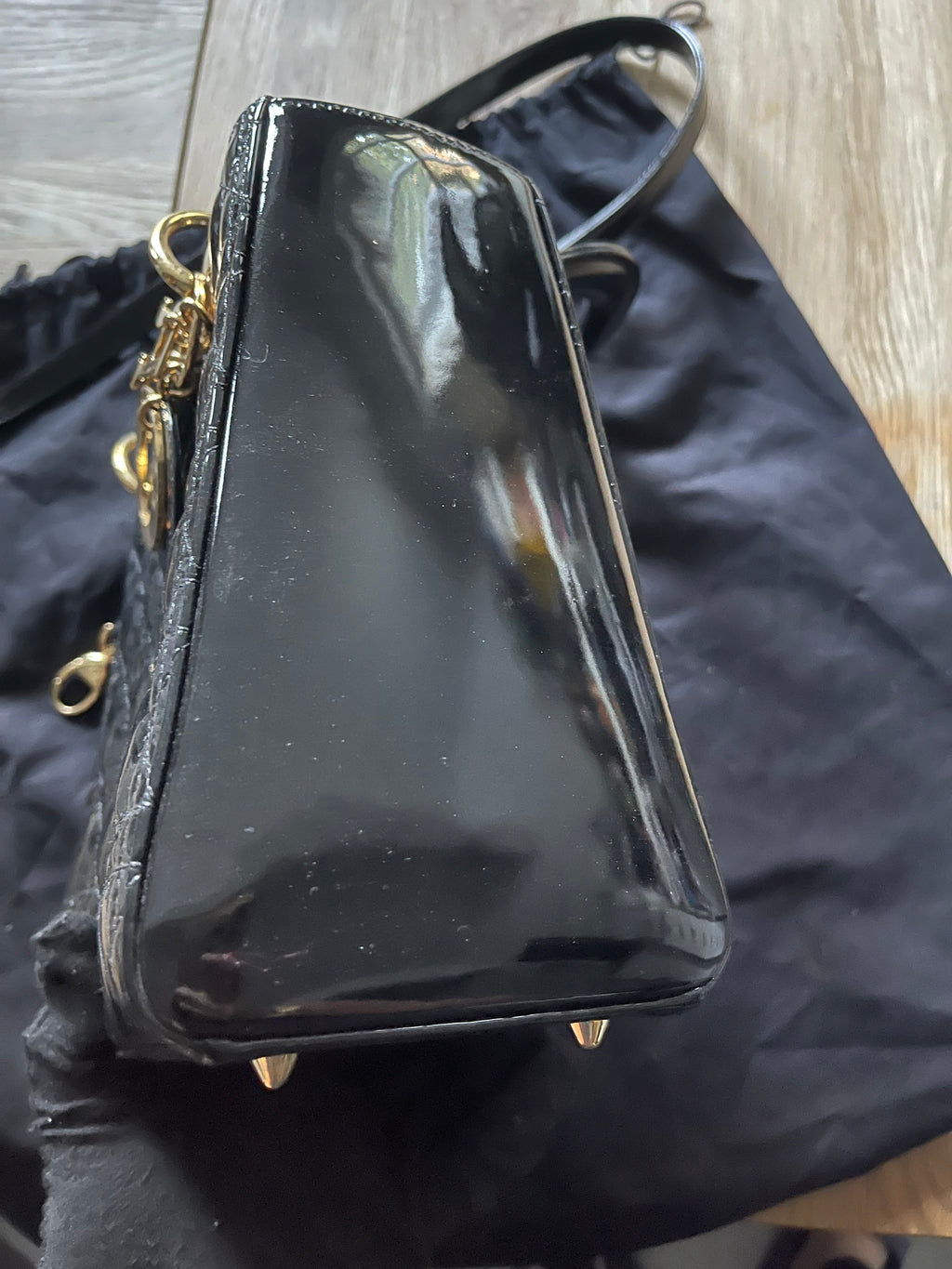 lady dior medium black gold hardware patent leather