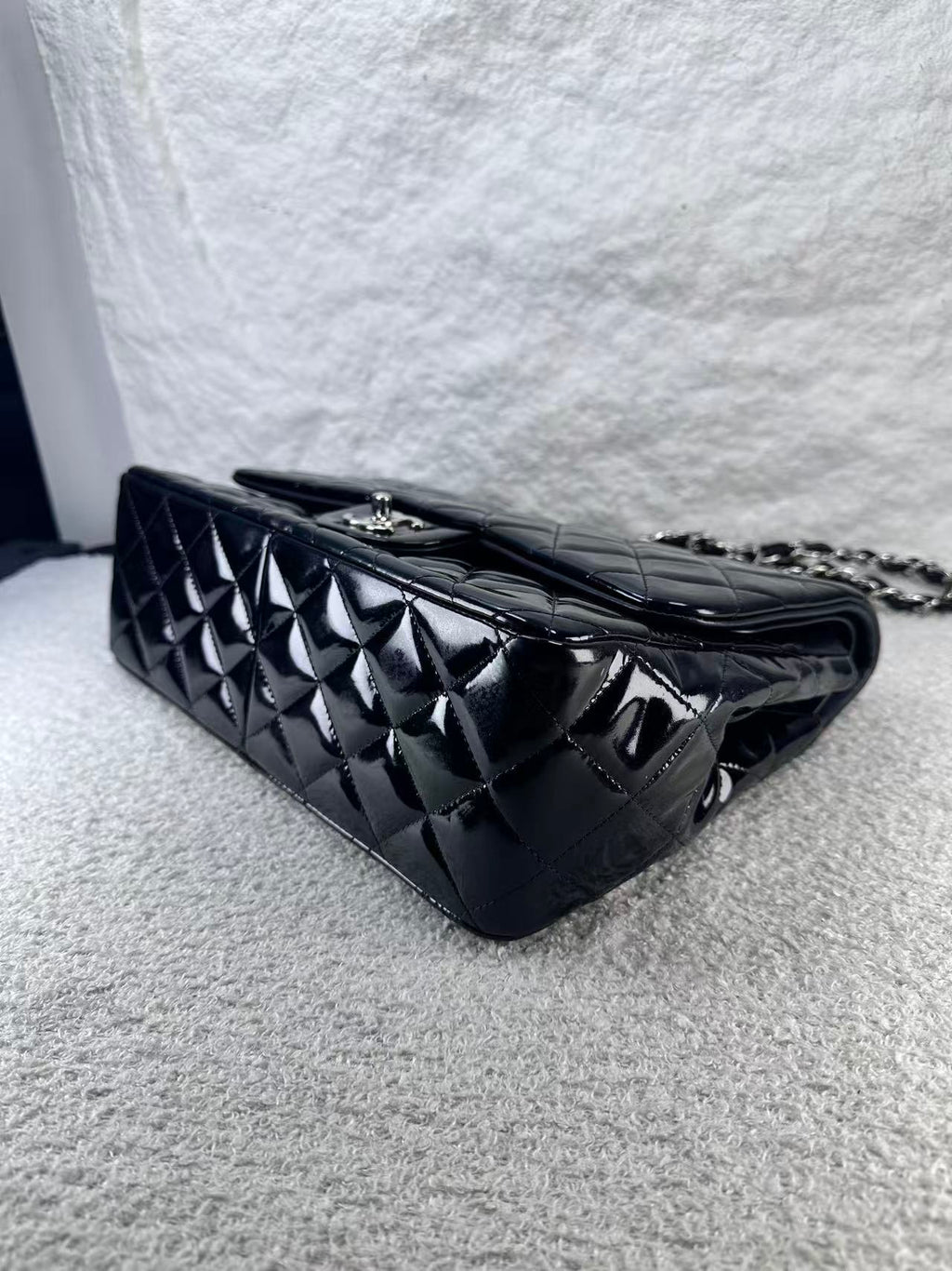 Chanel double flap bag black patent jumbo