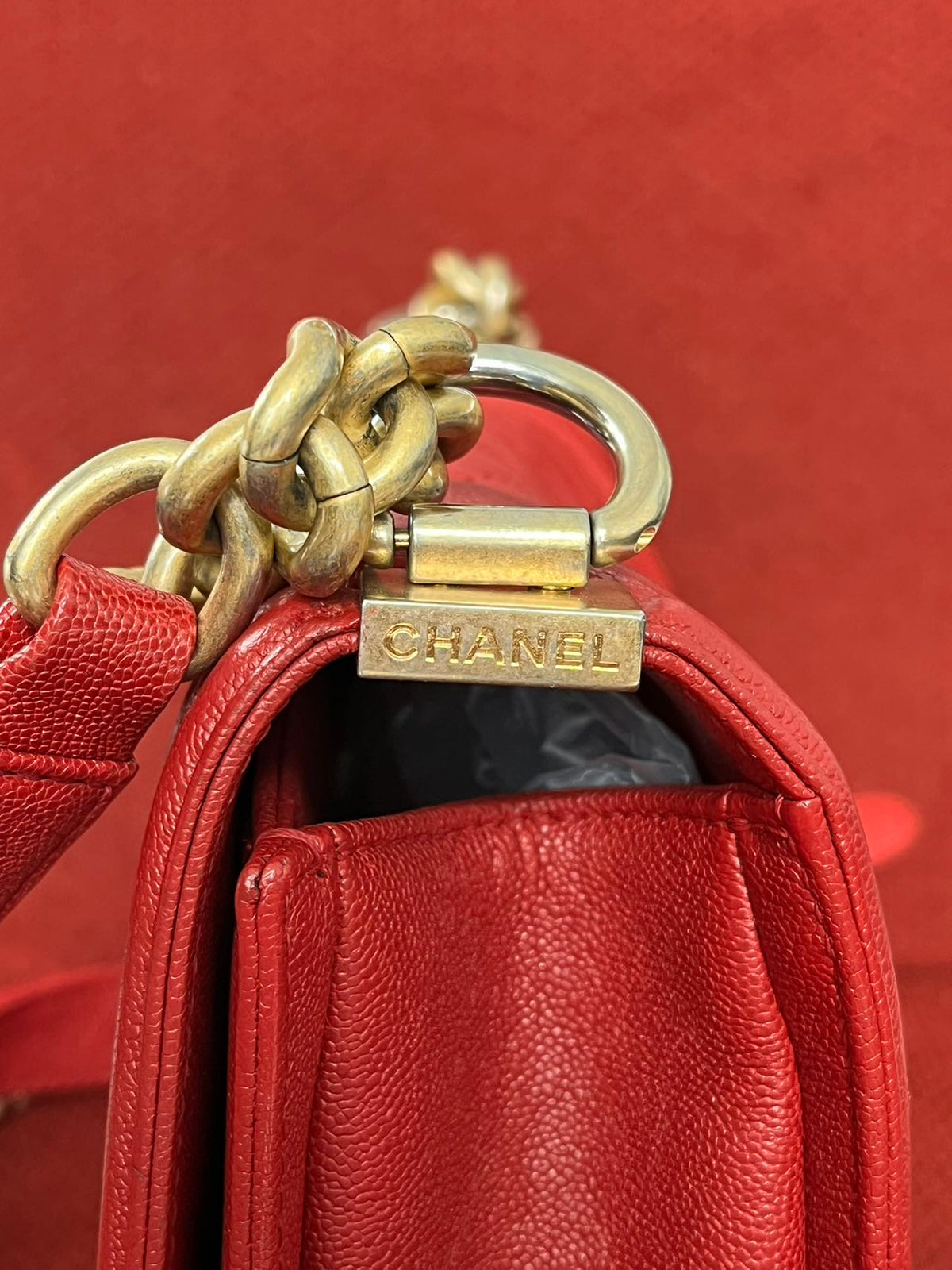 Chanel leboy small red caviar leather gold hardware