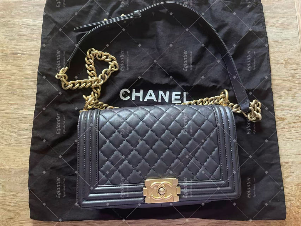 chanel leboy medium black flap bag lambskin gold hardware ID card