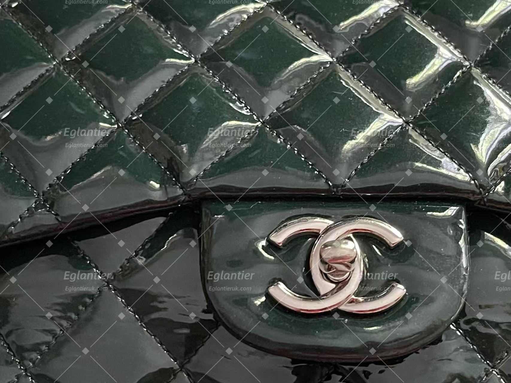 Chanel double flap bag patent leather dark green jumbo