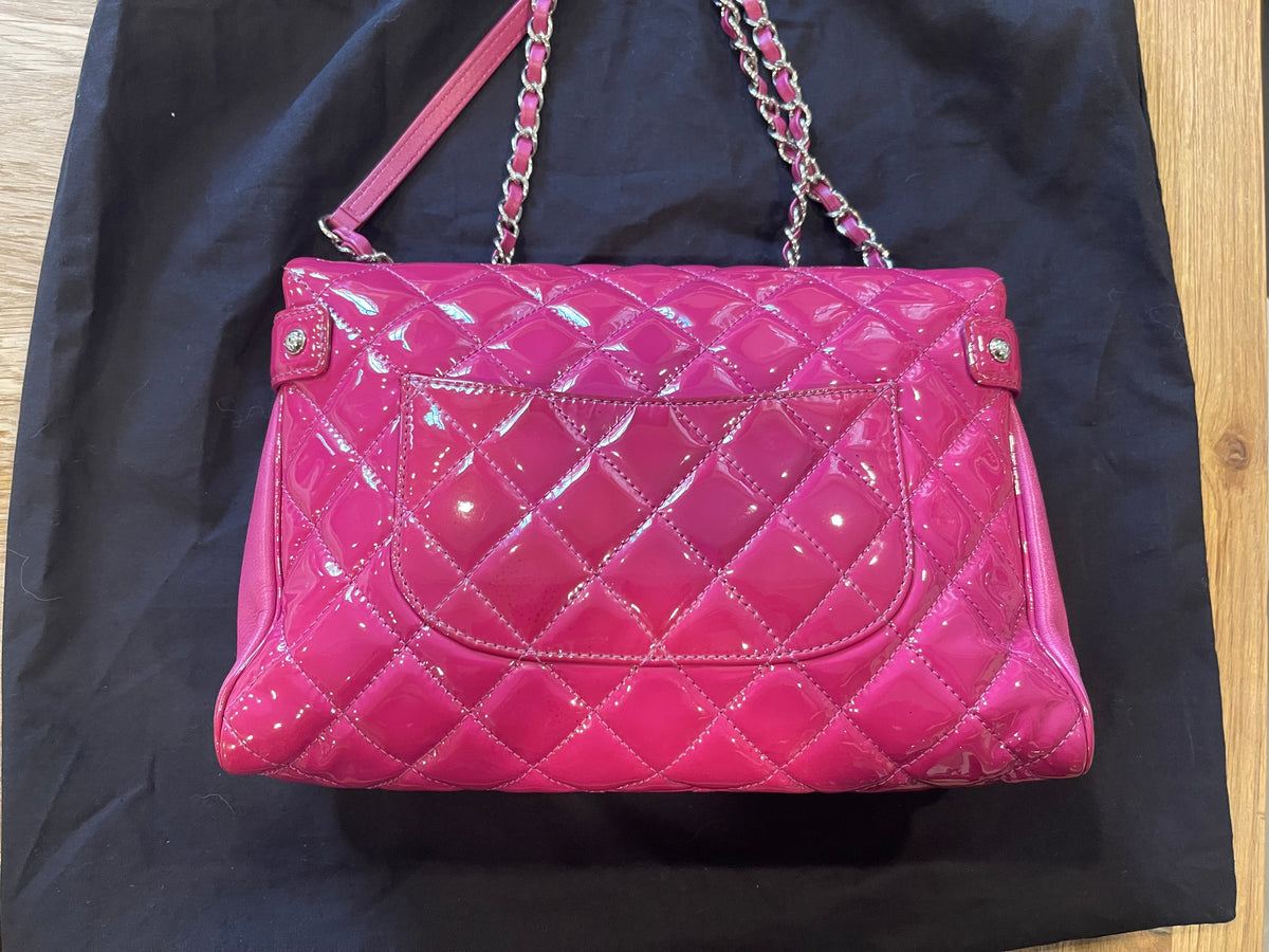 Chanel flap bag pink silver hardware patent leather