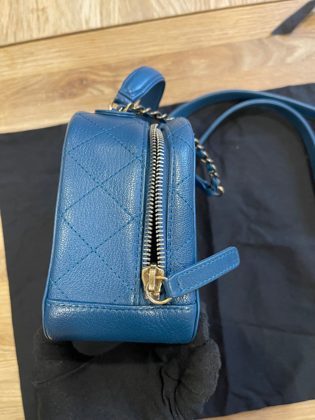 chanel small blue bag gold hardware