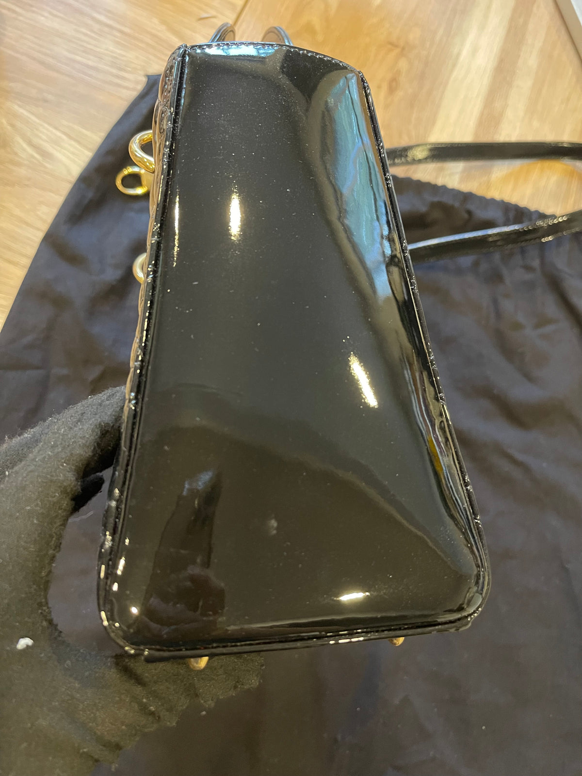 lady dior medium black gold hardware patent leather